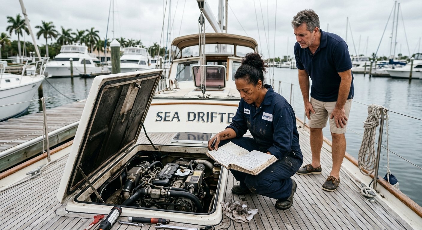 Female marine technician reviews a service logbook beside an open engine hatch on a docked cruiser while the owner looks on