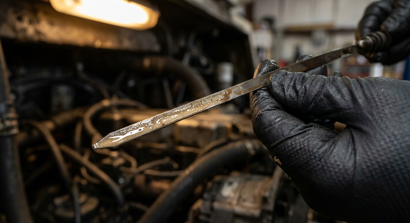 Gloved hand holding an oil dipstick showing milky, emulsified residue under a workbench light in a diesel shop