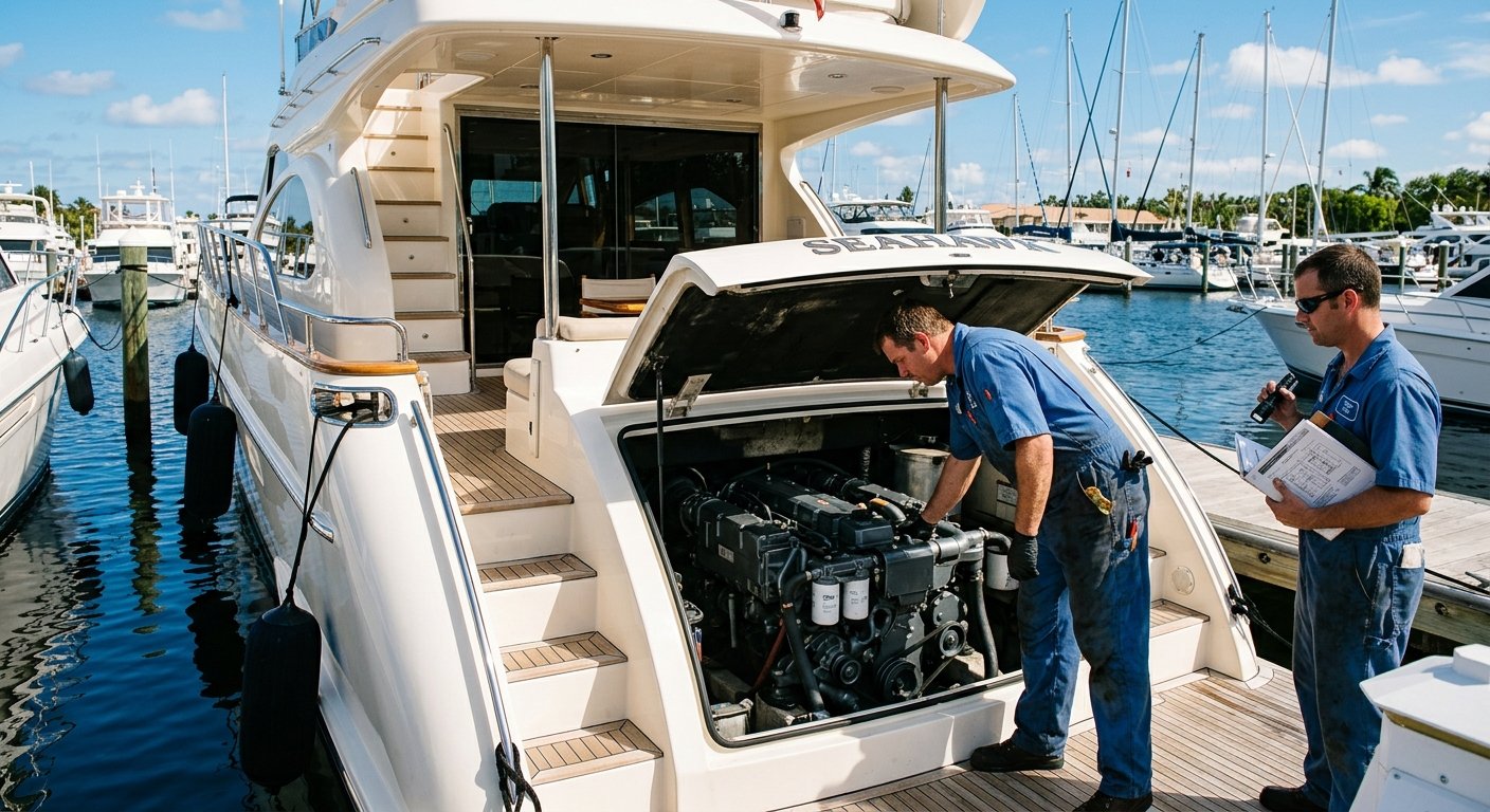Marine technician inspecting an exposed diesel engine in an open yacht engine hatch at a sunny Florida marina dock