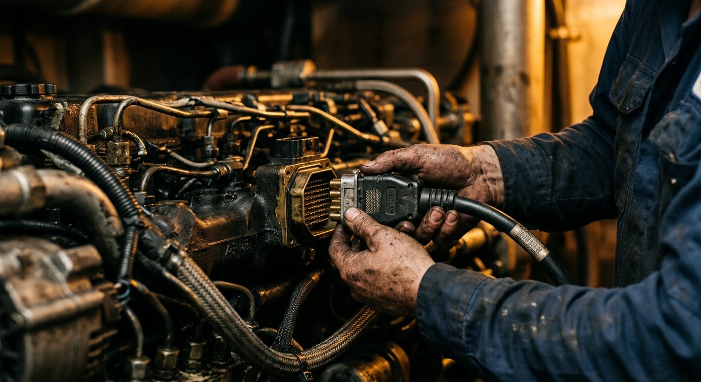 Close-up of hands plugging a diagnostic cable into a marine engine ECU port under a single work light in a ship's engine room