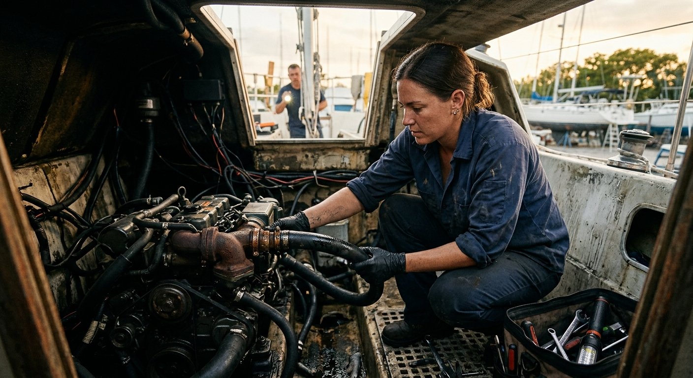 Marine mechanic inspecting mixing elbow and rubber exhaust hose inside sailboat engine compartment in a boatyard
