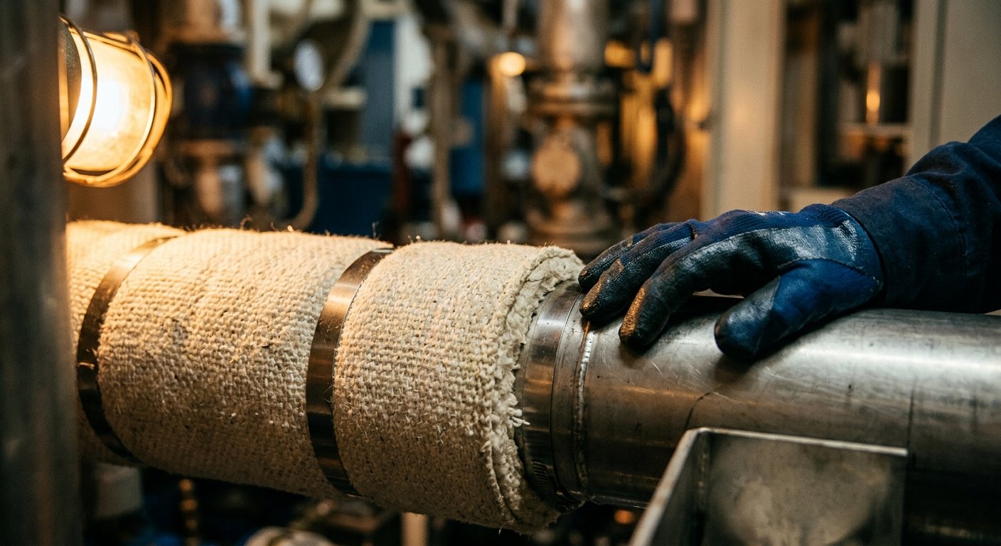 Gloved hand beside a lagged stainless steel dry exhaust pipe wrapped in thick thermal insulation secured with metal banding i