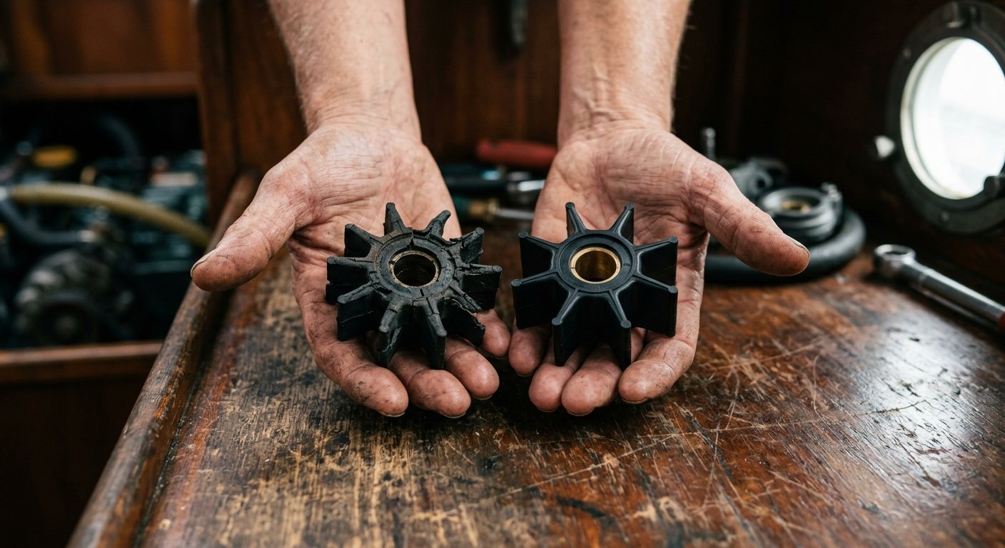 Weathered hands holding a cracked old rubber impeller next to a new replacement impeller on a wooden workbench