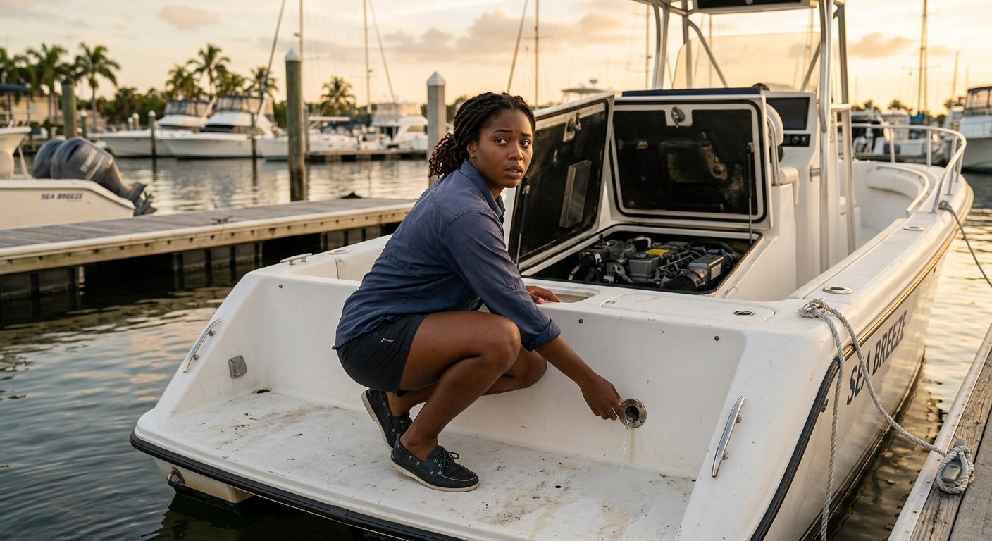 Young woman crouching at powerboat stern, examining exhaust port showing weak water discharge in evening marina light
