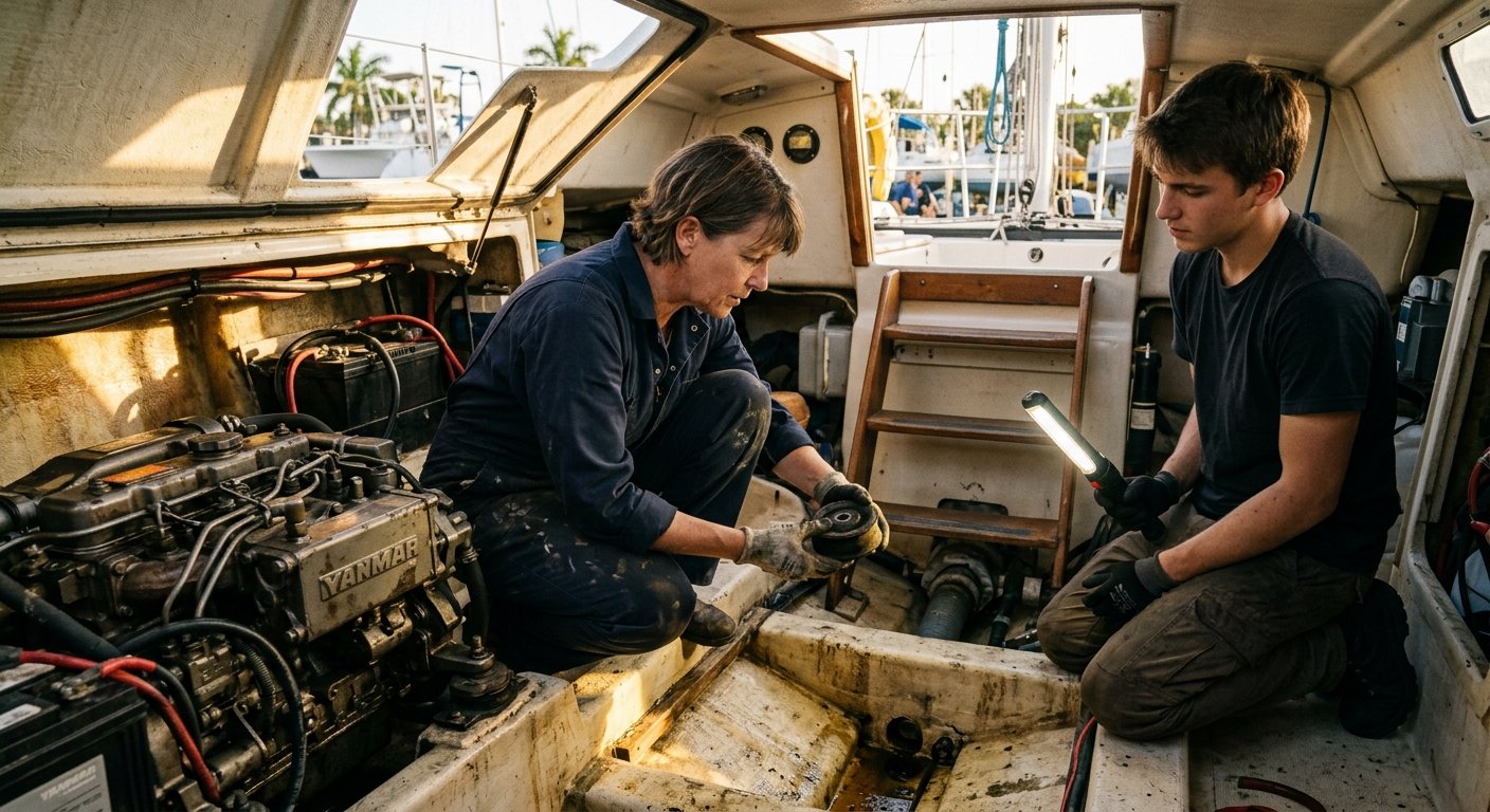 Marine mechanic and assistant inspecting a rubber engine mount inside a sailboat engine compartment in a boatyard.