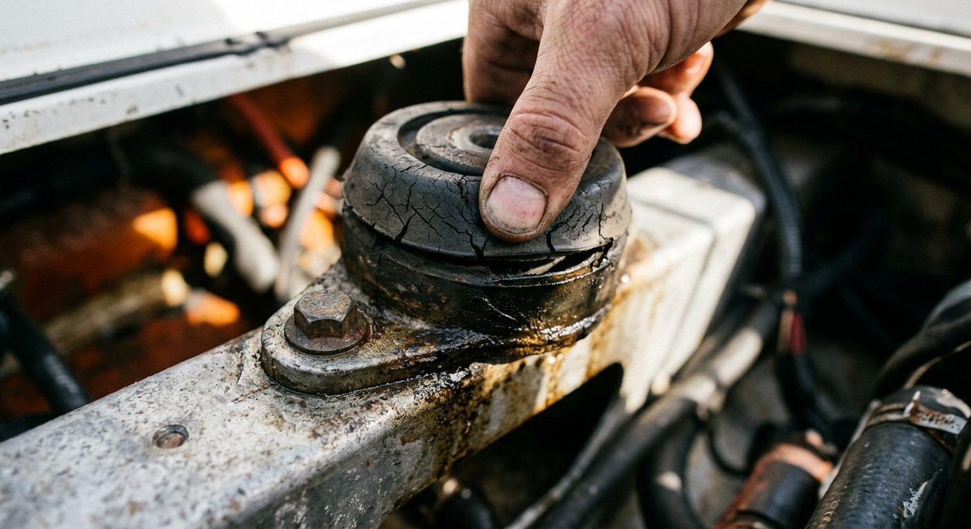 Thumb pressing into a cracked, oil-soaked rubber engine mount revealing deep fissures and a gap between rubber and metal hous