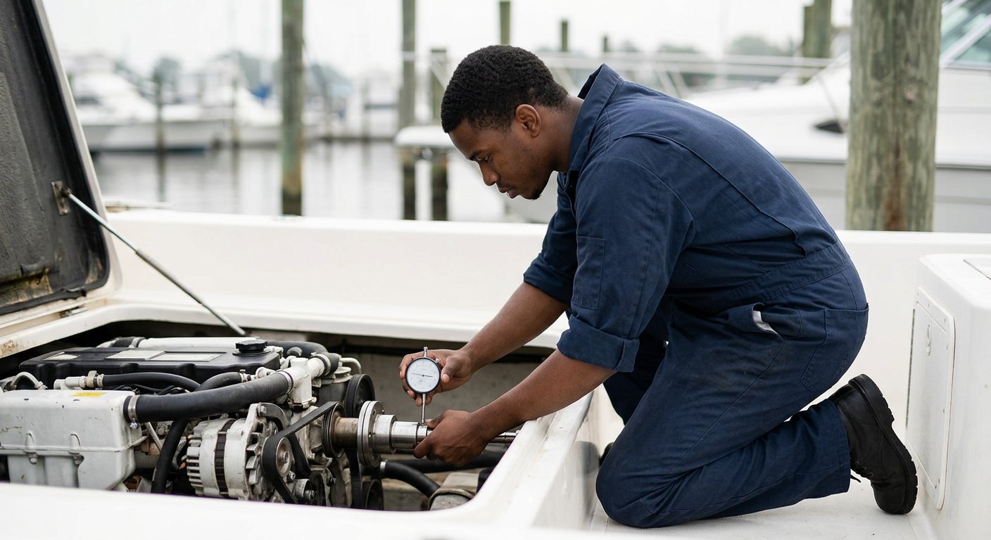 Male marine technician kneeling at open engine hatch on docked powerboat, reading a dial indicator gauge against a shaft coup