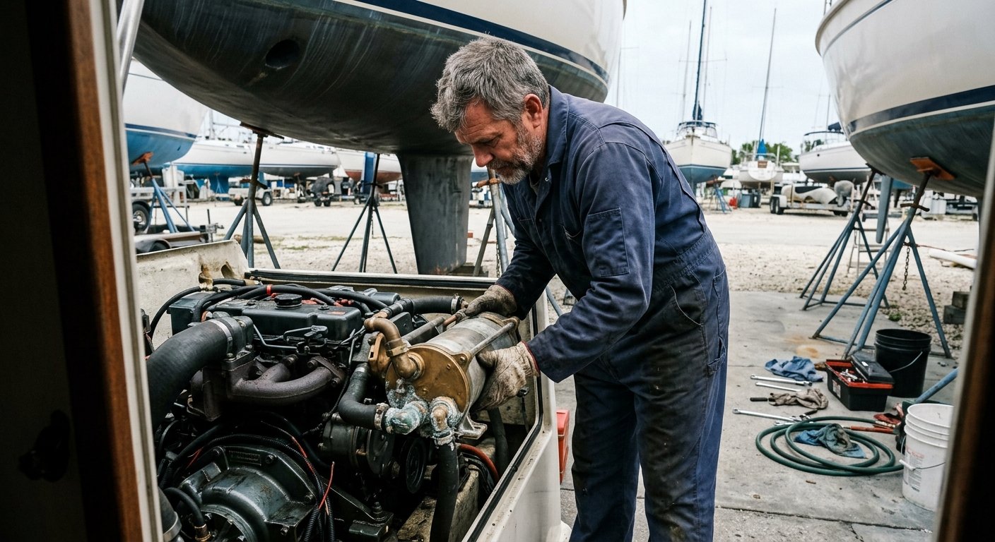 Marine mechanic removing a cylindrical heat exchanger from a diesel engine in an open sailboat engine compartment at a boatya