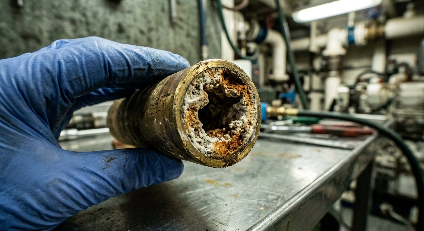 Gloved hand holding a cut heat exchanger tube with thick white and orange mineral scale deposits clogging the interior bore