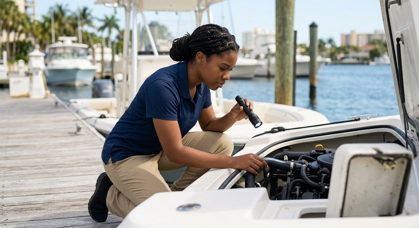 Female marine technician kneeling on a dock inspects a boat engine hose fitting with a flashlight in midday sunlight